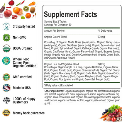 AAMATEC LIFE Organic Superfood Greens Fruits and Veggies Complex - Dietary Supplement with 14 Greens &14 Vegetables with Alfalfa Rich in Antioxidants Organic Ingredients Non-GMO (120 Count Pack of 2) AAMATEC LIFEBuy Supplements Australia