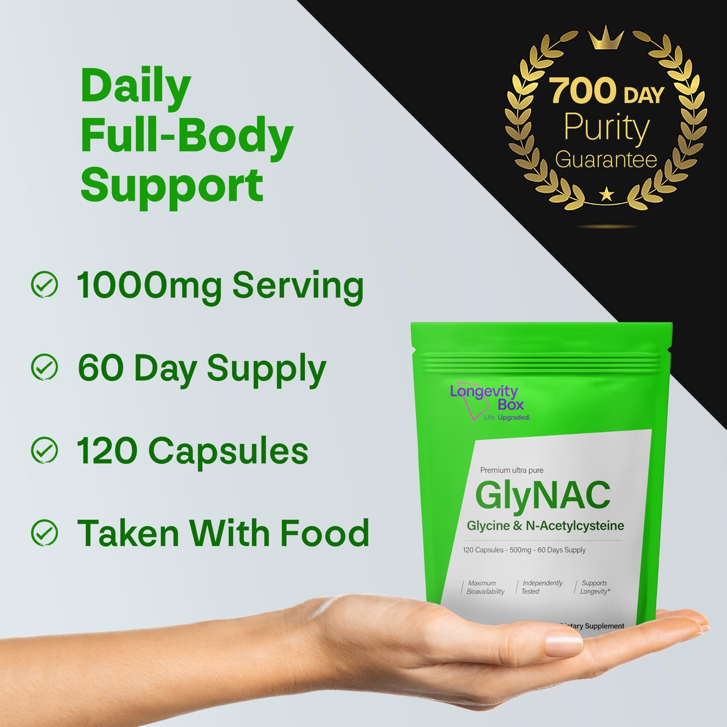Longevity Box Ultra Pure GlyNAC Supplement 1000mg (500mg Glycine + 500mg N-Acetyl Cysteine) - Glutathione Precursor for Healthy Aging, Energy & Cellular Protection - 120 Vegan Capsules Longevity BoxBuy Supplements Australia
