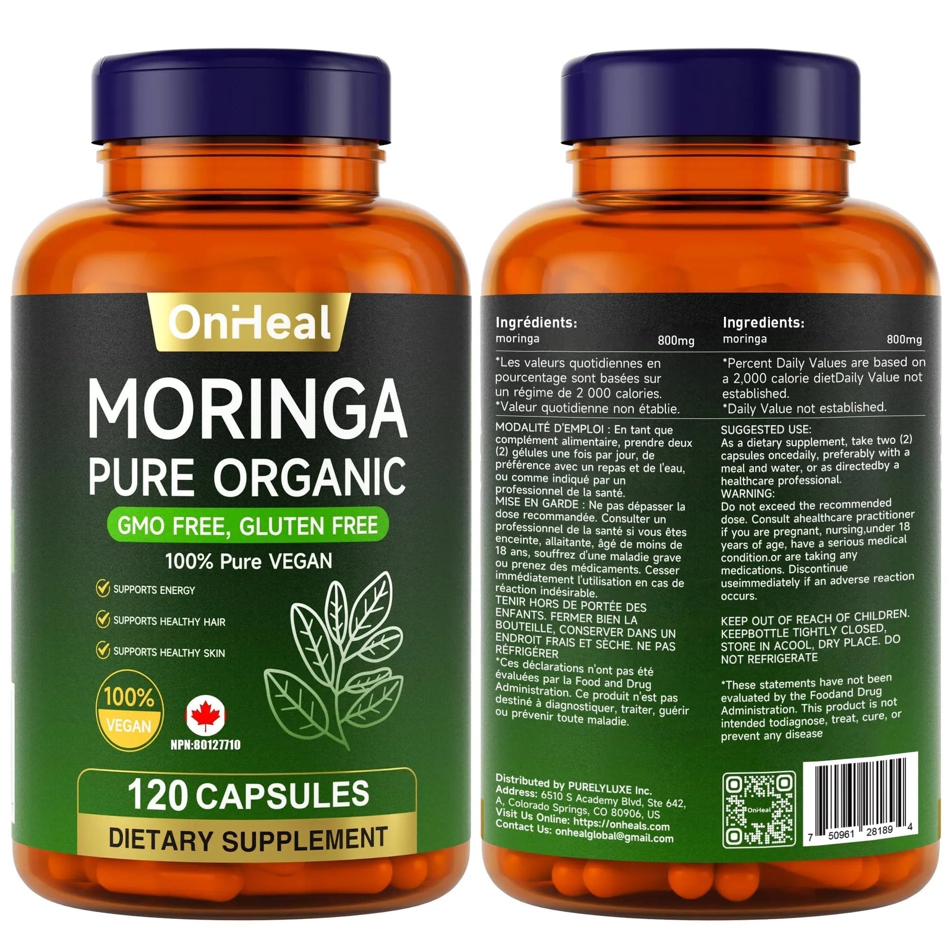 YBFQ Organic Moringa Capsules 1000 mg, 120 Count - Moringa Capsules with Organic Olefeira Powder, Supports Healthy Hair and Skin, Energy and Balance YBFQBuy Supplements Australia