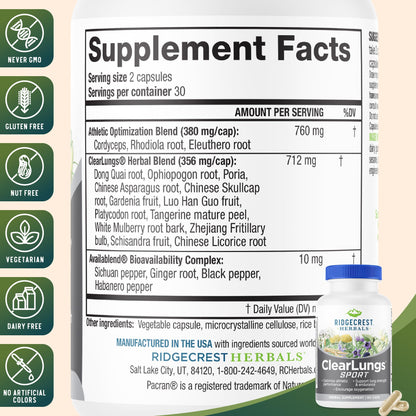 Ridgecrest Herbals ClearLungs Sport, Oxygen Intake and Lung Support Formula with Cordyceps, Rhodiola, Eleuthero (60 Vegan Caps, 30 Serv) RidgeCrest HerbalsBuy Supplements Australia