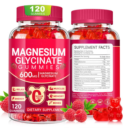 Magnesium Glycinate Gummies 600mg, Sugar Free Magnesium Gummies for Adults, Chewable Potassium Supplements for Body Support