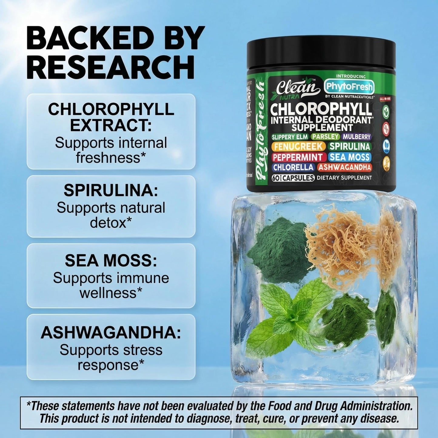 Clean Nutra Chlorophyll Capsules Supplement Internal Deodorant Peppermint, Sea Moss, Parsley, Chlorella, Spirulina, Slippery Elm, Ashwagandha, PhytoFresh Greens Detox Pills Clean NutraceuticalsBuy Supplements Australia