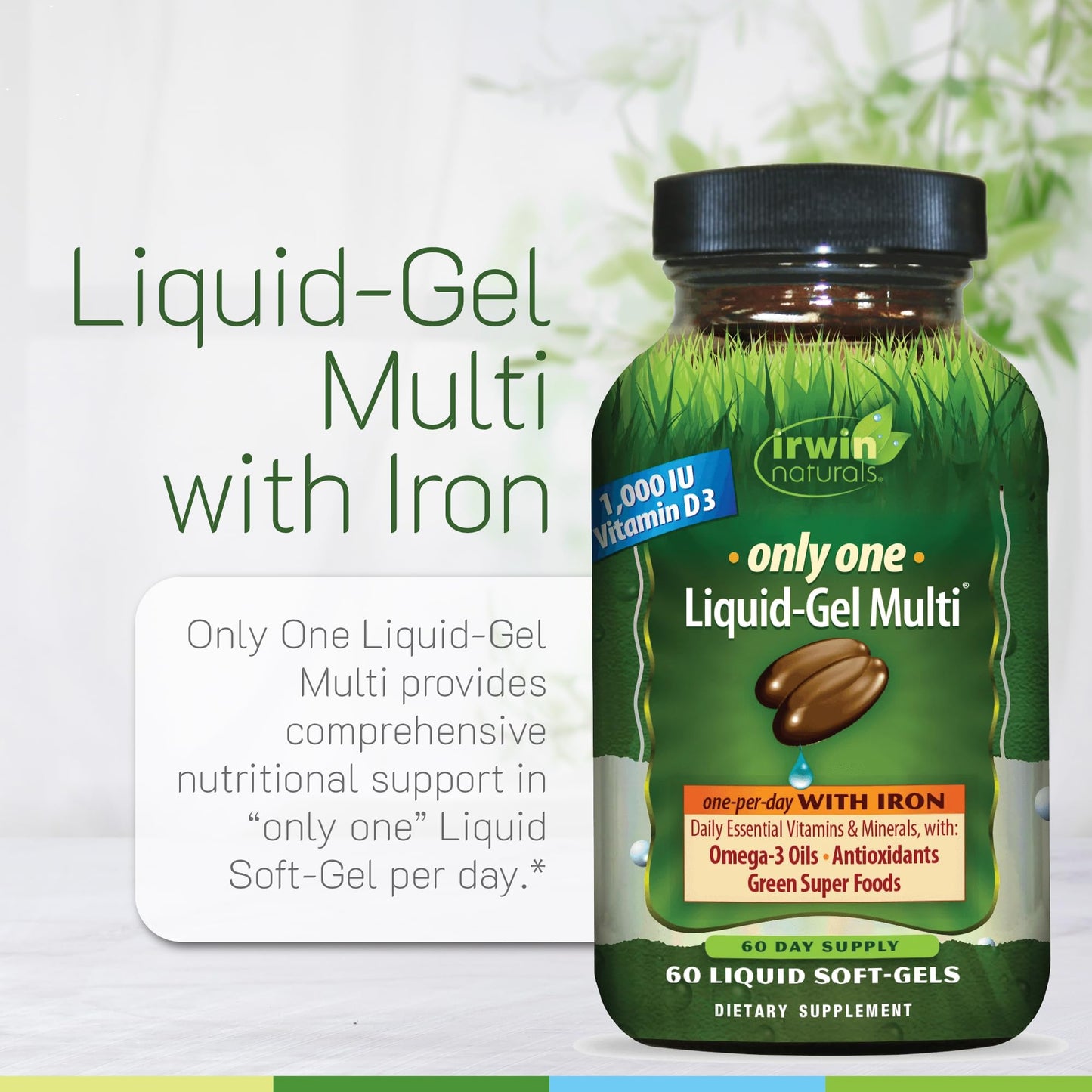 Irwin Naturals Only One Liquid-Gel Multi with Iron - 60 Liquid Softgels - Daily Essential Vitamins, Minerals, Antioxidants, Omega-3s & Green Super Foods Irwin NaturalsBuy Supplements Australia