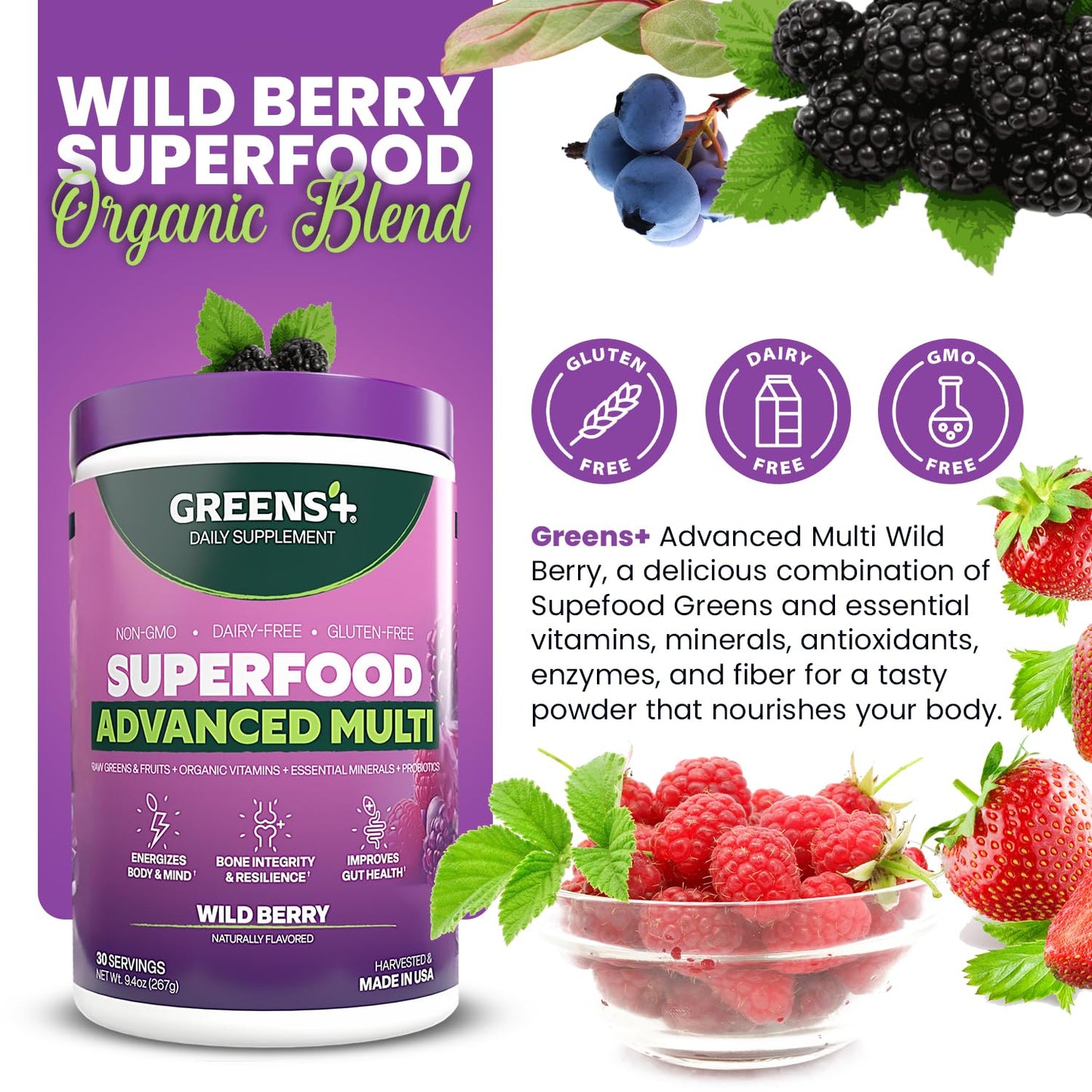 Greens+ Advanced Multi Wild Berry Superfood Powder, Organic Blend, Vegan, Non-GMO, Soy-Free, Dairy-Free, Gluten-Free, Dietary Supplement with Vitamins & Minerals, 9.4 oz Greens+Buy Supplements Australia
