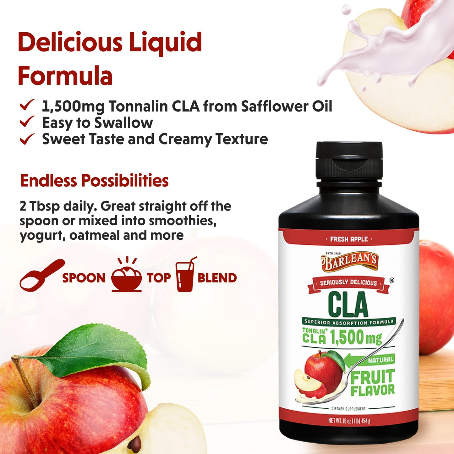 Barlean's Fresh Apple with 1,500 mg of Tonalin CLA - Gluten-Free, Vegan, Kosher Barlean'sBuy Supplements Australia