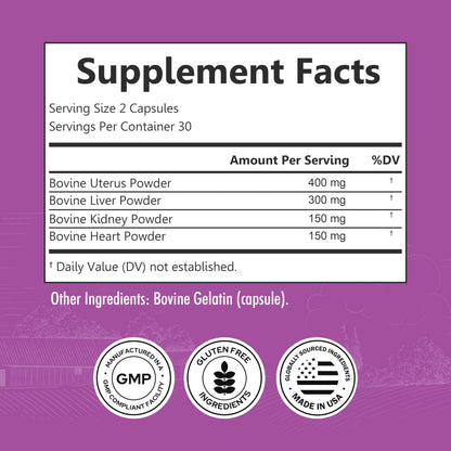BioSchwartz Primal Beef Organ Supplement for Women - 60 Capsules - Grass-Fed & Pasture-Raised - Supports Healthy Hair Skin and Nails, Hormone Balance - with Bovine Liver, Kidney, Heart, Uterus Powder BioSchwartzBuy Supplements Australia