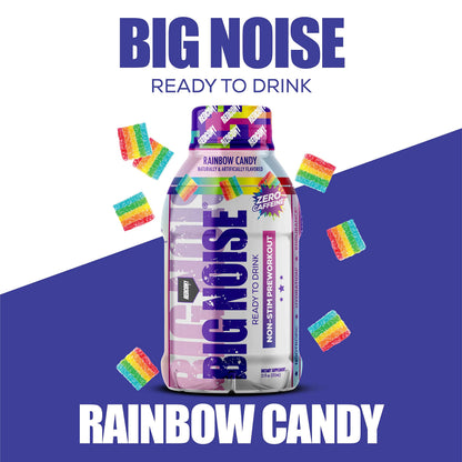 REDCON1 Big Noise RTD Pre Workout Drink, Rainbow Candy - Caffeine-Free Ready-to-Drink Preworkout to Improve Strength + Pumps - Niacin + Citrulline Malate Nitric Oxide Support (12 Bottled Drinks)