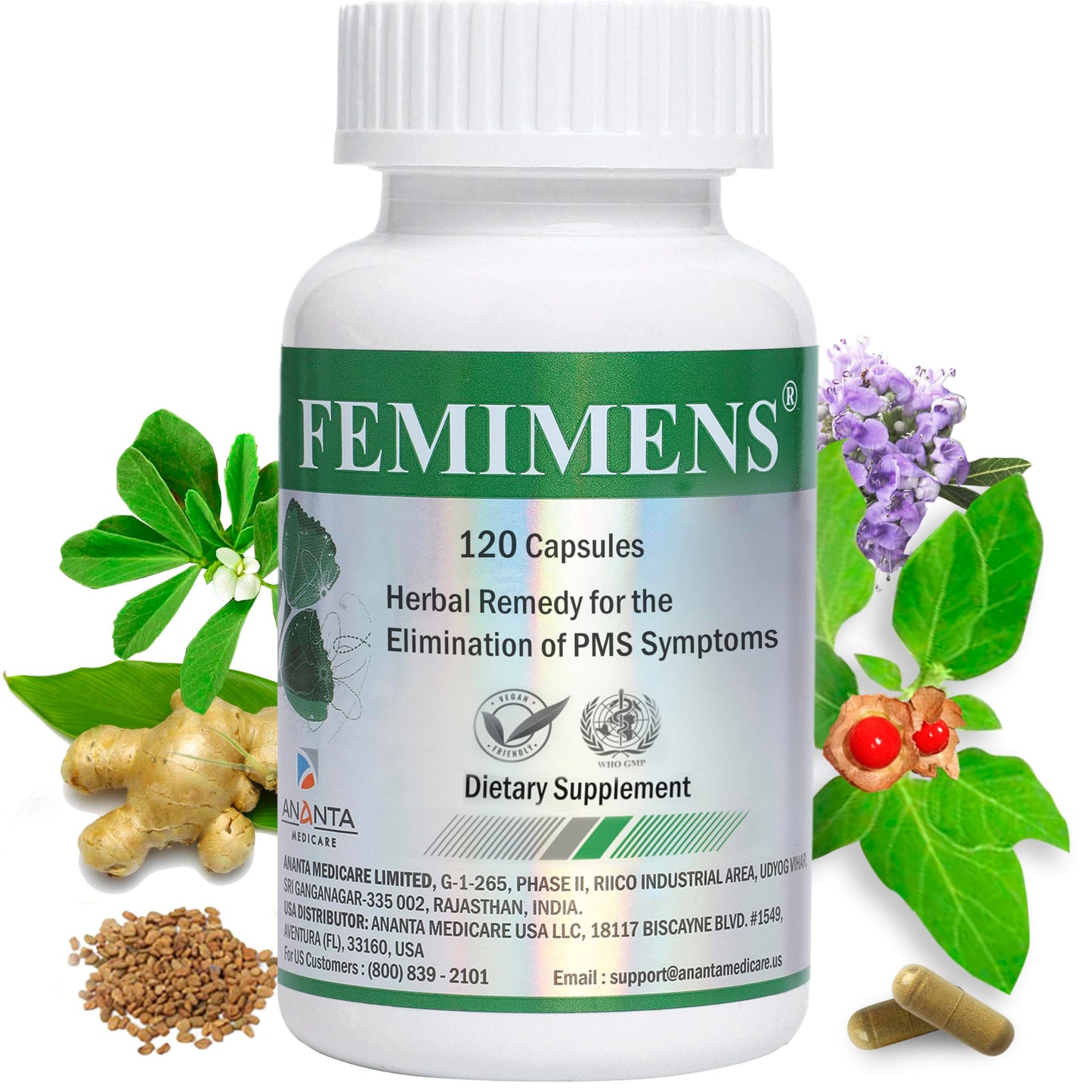 FEMIMENS – PMS Support Supplement for Women – PMS Relief for Women & Menstrual Cramp Relief – Hormonal Balance for Women – Chasteberry Vitex, Ashwagandha, Ginger, Fenugreek – 120 Vegan Capsules Ananta Medicare USABuy Supplements Australia