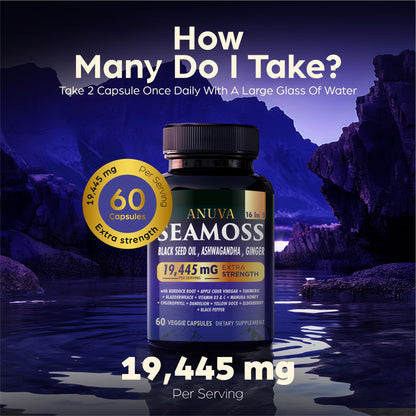 Anuva 16-in-1 Sea Moss Capsules | Black Seed Oil, Ashwagandha, with Vitamin C, D3, Turmeric, Burdock, Bladderwrack & Multi-Minerals | Immune, Skin, Joint & Energy Support | 60 Veggie Capsules AnuvaBuy Supplements Australia