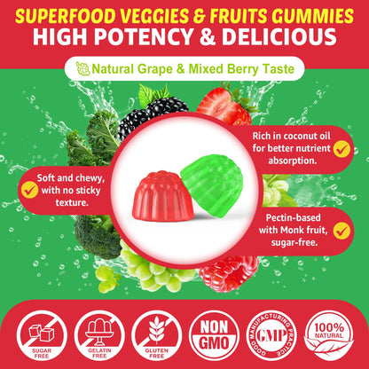Super Greens Gummies, Daily Green Superfood Supplement w/Spirulina, Chlorella, Mushrooms, Probiotics, Multivitamins, 50+ Super Greens & Veggies Gummies to Boost Immunity, Energy & Gut Health, 120cts EnvyCureBuy Supplements Australia