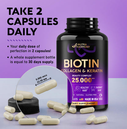 Biotin | Collagen | Keratin | Hyaluronic Acid - Hair Growth Support Pills, 25000 mcg NUTRAHARMONYBuy Supplements Australia