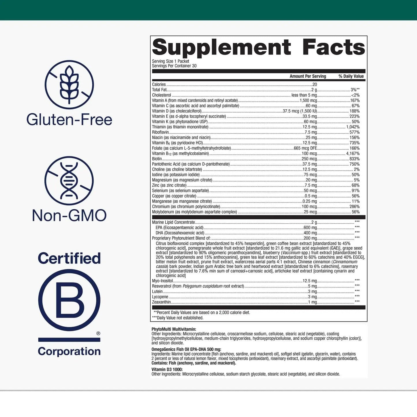 Metagenics Wellness Essentials Daily Packs - Multivitamin & Omega-3 Packets with Vitamins A, C, D, E & B - Supports Heart, Brain, Immune & Bone Health Metagenics