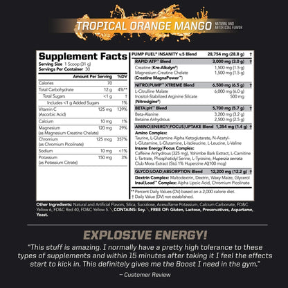 PMD Sports Ultra Pump Fuel Insanity - Pre Workout - Tropical Orange Mango (30 Servings) Sports CG5 Premium Creatine and L-Glutamine Powder (60 Servings)