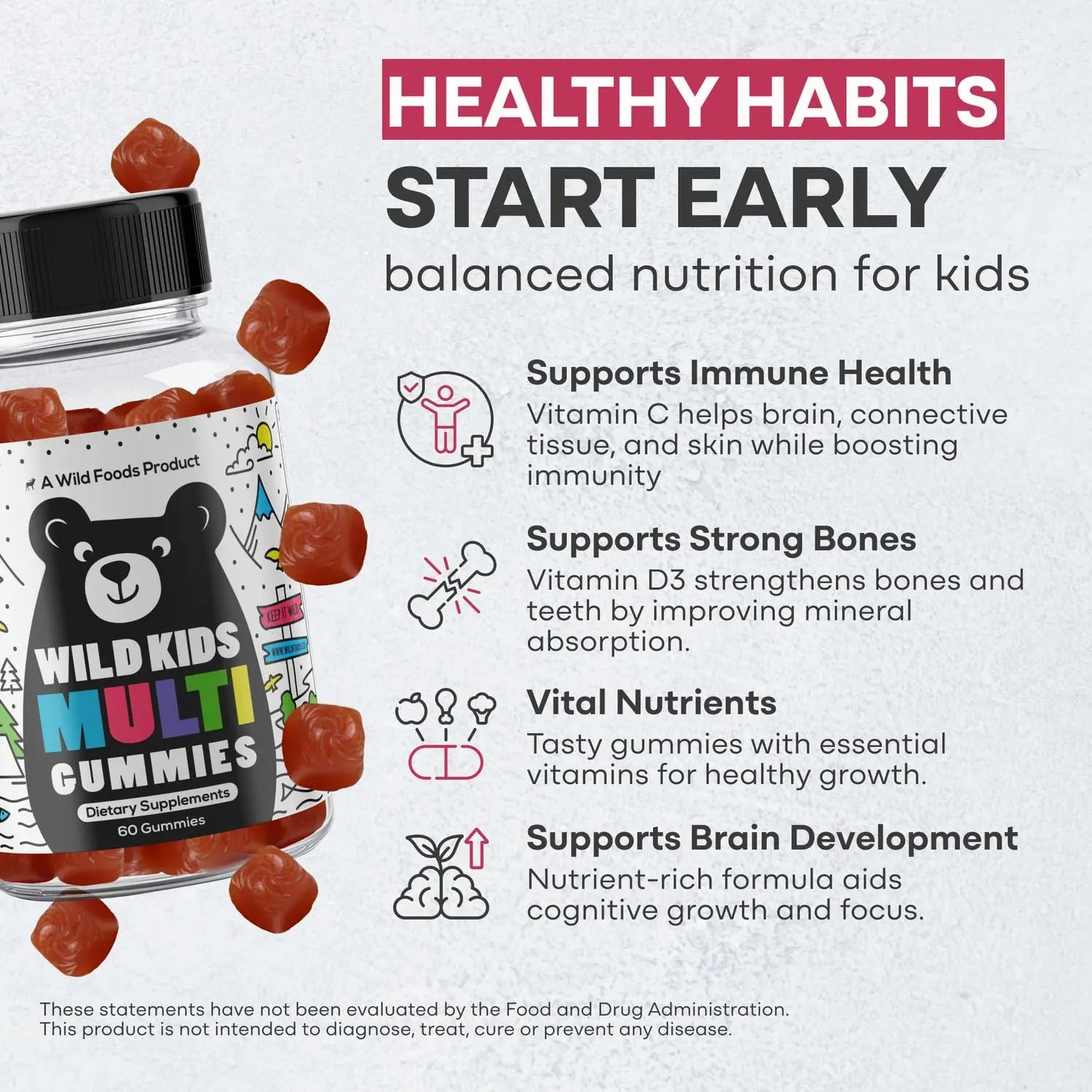Wild Foods Kids Multivitamin Gummies – Natural Skin, Immune & Bones Support with Kids Vitamins A, C, D, E, B12, Iron & DHA Wild Foods