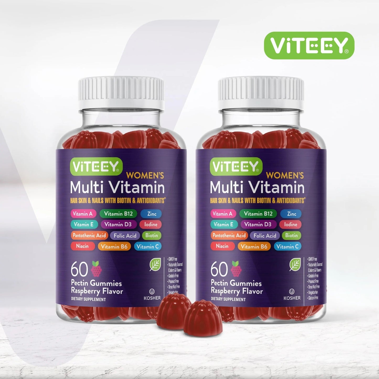 Viteey Womens Multivitamin Gummies - Immune Support - 12 in 1 Essential Vitamins & Minerals - Vitamin A, C, D3, E, B6, B12, Folic Acid, Biotin, Calcium Viteey