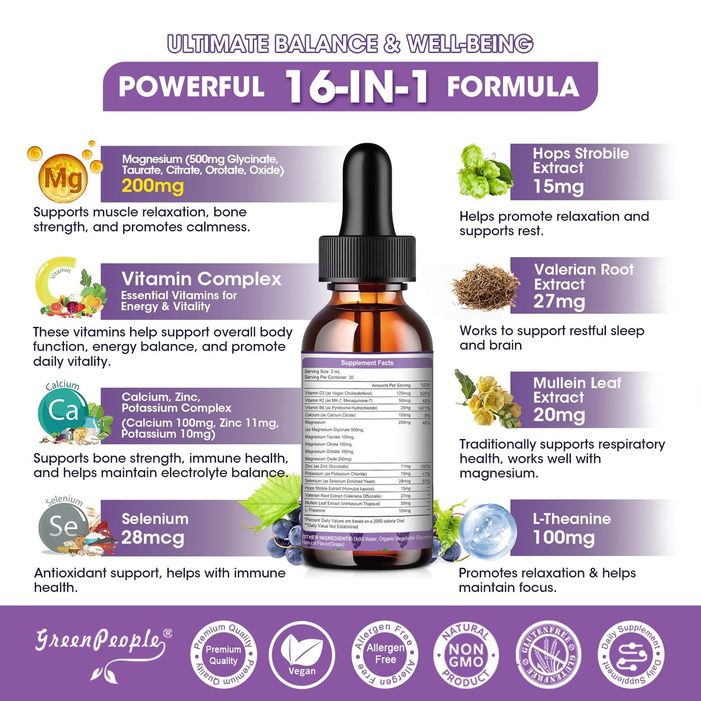 GREENPEOPLE Magnesium Glycinate Liquid Drops - 1000mg 5-in-1 High Absorption Liquid Magnesium for Sleep with D3/K2/B6 | Fast-Acting, Bone, Muscle & Sleep | Sugar-Free Grape Flavor, 2fl Oz GREENPEOPLEBuy Supplements Australia