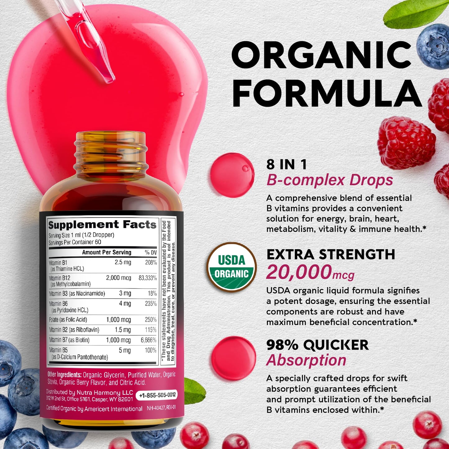 USDA Organic Vitamin B Complex Liquid Drops - 8-in-1 B Complex Vitamins: B1, B2, B3, B5 NUTRAHARMONYBuy Supplements Australia