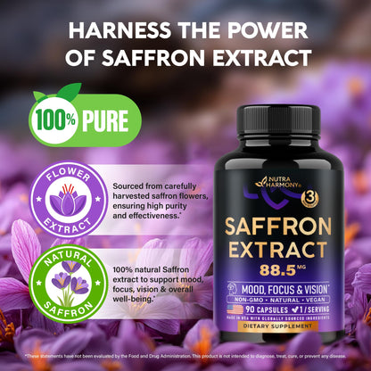 Natural Saffron Supplements - Pure Saffron Extract 88.5 mg - Made in USA - Mood | Focus | Vision | Energy Support - Eye Health for Women & Men - NonGMO Vegan Pills - 90 Powder Capsules, 3 Month Supply NUTRAHARMONYBuy Supplements Australia