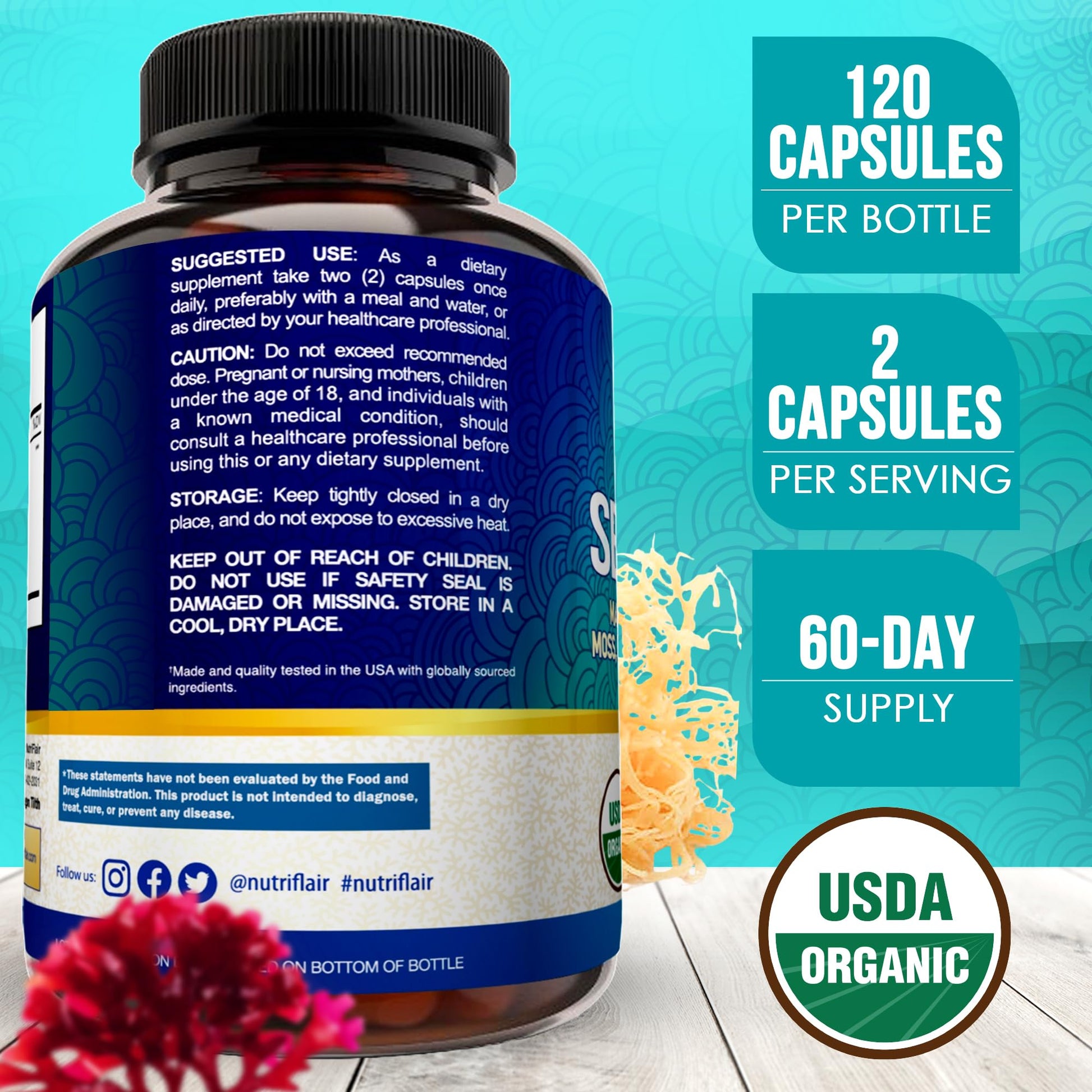 NutriFlair Organic Sea Moss 1600mg, 120 Capsules Plus Bladderwrack & Burdock - Prebiotic Super Food - Immune System & Digestive Health - Thyroid, Healthy Skin, Keto Detox, Gut NutriFlairBuy Supplements Australia