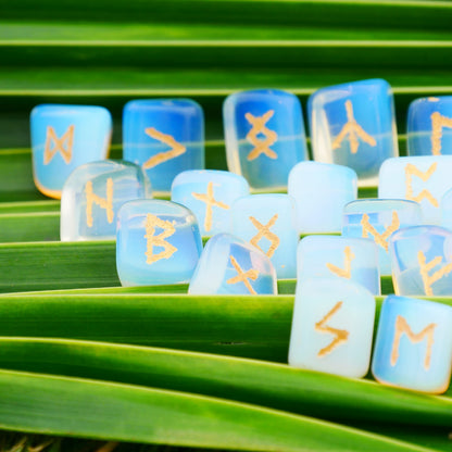 Opalite Rune Stone - Rune Set - Engraved Elder Futhark Alphabet Symbols - Witchcraft Crystals QUIPSABuy Supplements Australia