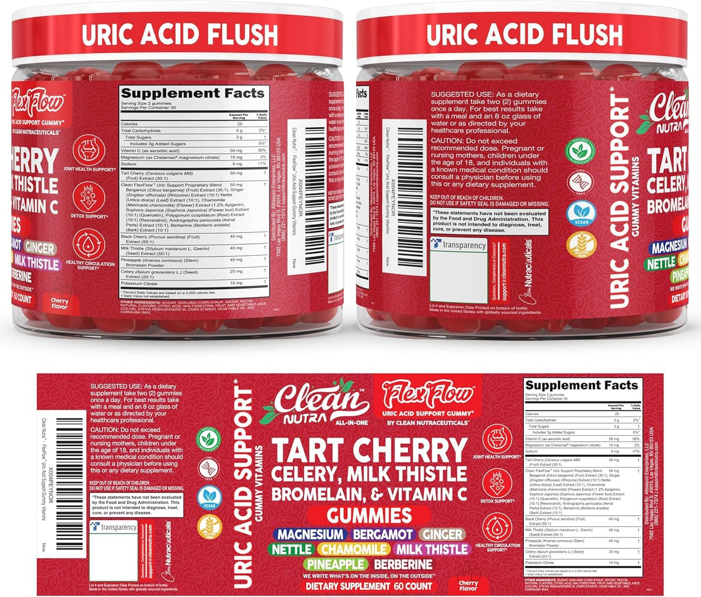Clean Nutra Tart Cherry Gummies Uric Acid Flush Celery Milk Thistle Bromelain Vitamin C Magnesium Citrus Bergamot Ginger Stinging Nettle Leaf Chamomile Berberine Quercetin Support 60 Gummy Vitamins Clean NutraceuticalsBuy Supplements Australia