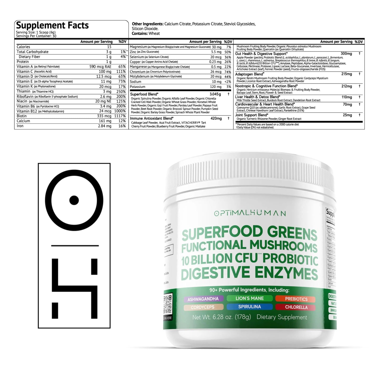 Optimal Human Superfood Greens Powder – 90+ Ingredient Blend with Lion’s Mane Supplement, Ashwagandha & Turmeric O H