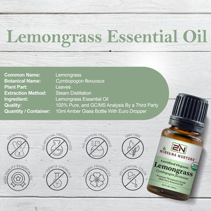 Nirvana Nurture Lemongrass Essential Oil USDA Certified Organic 100% Pure Premium Therapeutic Grade Nirvana NurtureBuy Supplements Australia