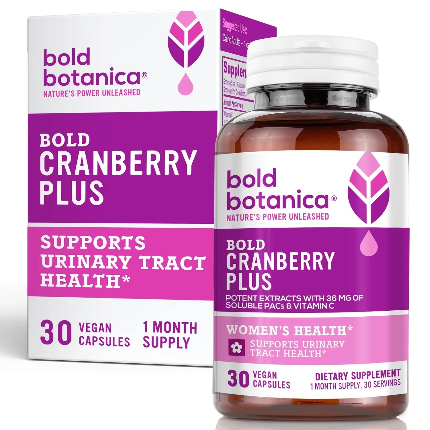 Bold Cranberry Plus Capsules - 100% Soluble 36mg PACs - Cranberry Pills for Women & Men with Urinary Tract Support, Non-GMO Vitamin C — 30 Vegan Capsules, 1 Month Supply Bold BotanicaBuy Supplements Australia