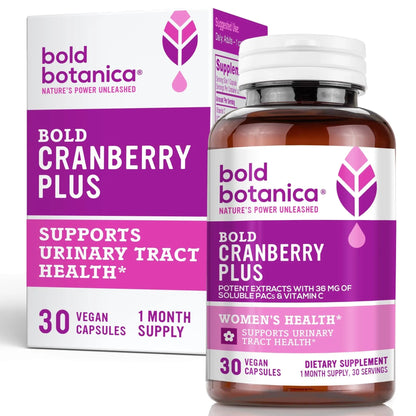 Bold Cranberry Plus Capsules - 100% Soluble 36mg PACs - Cranberry Pills for Women & Men with Urinary Tract Support, Non-GMO Vitamin C — 30 Vegan Capsules, 1 Month Supply Bold BotanicaBuy Supplements Australia