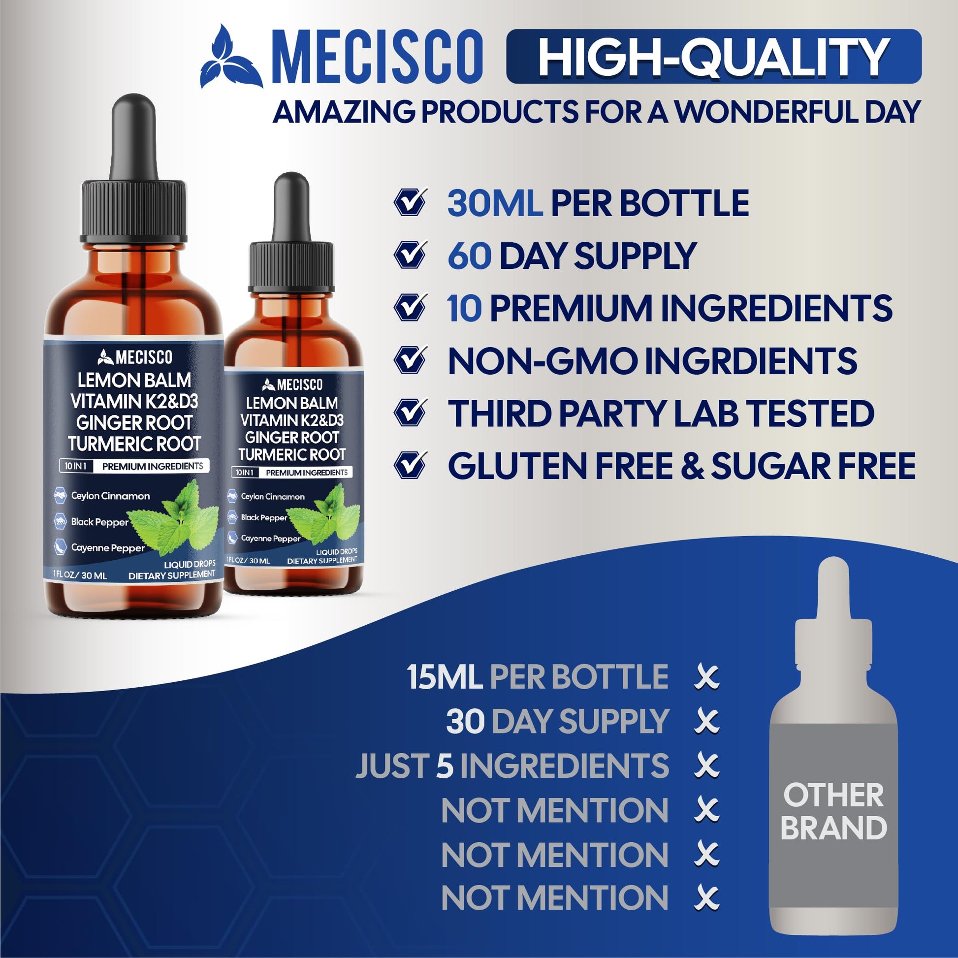 10in1 Lemon Balm Liquid Drops Blend Includes Vitamin D3, Vitamin K2, Lemon Balm, Ginger, Turmeric, Ceylon Cinnamon, Black Pepper, Cayenne Pepper, Berberine, Valerian Root - 1 FL Oz - 2 Month Supply MeciscoBuy Supplements Australia