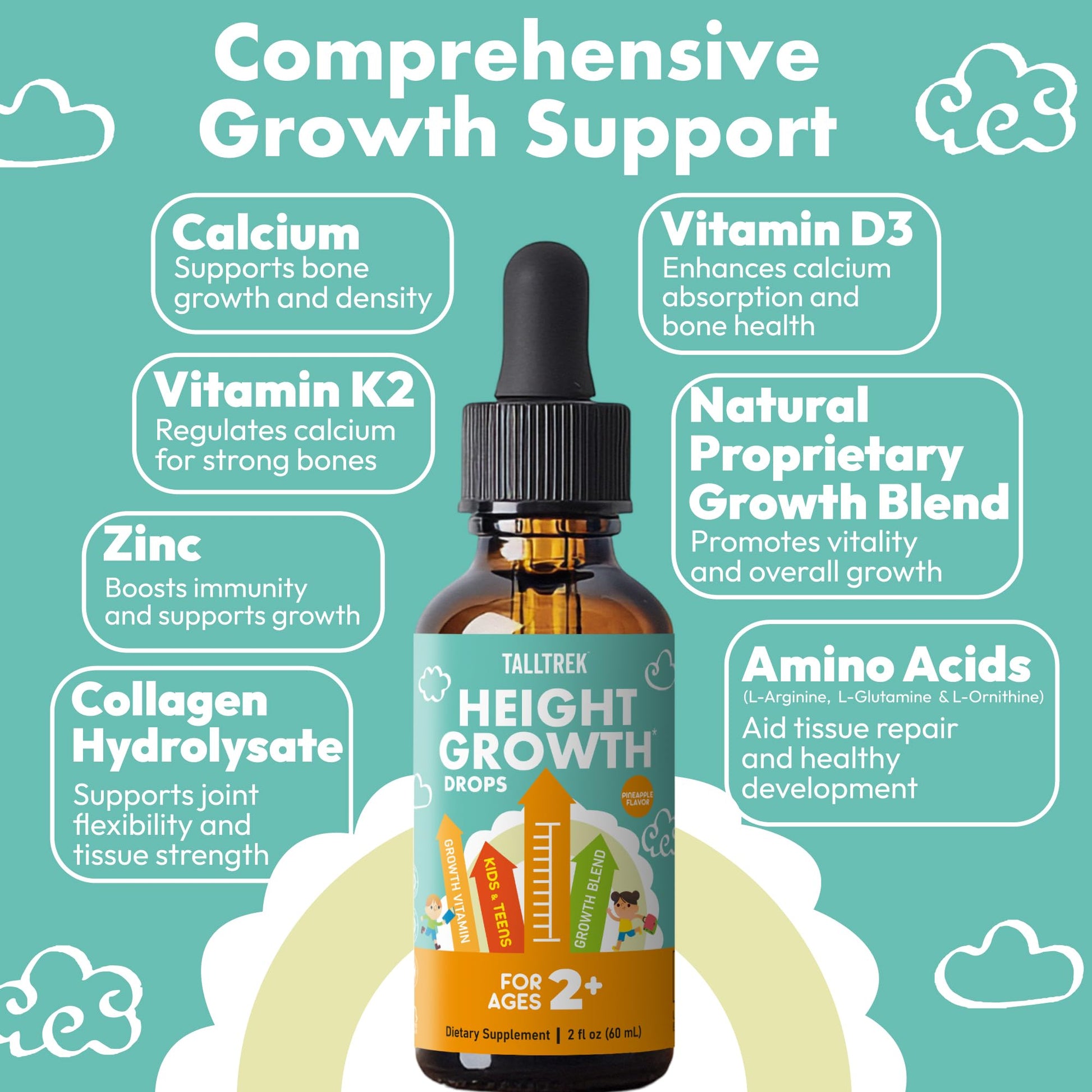 TallTrek Height Growth Supplement Drops for Kids - Teens Bone Growth Height Increase and Maximizer Immune Health Drops with Vitamins D3 K2 Zinc & Calcium - Gluten Free Vegan Pineapple Flavor TallTrekBuy Supplements Australia