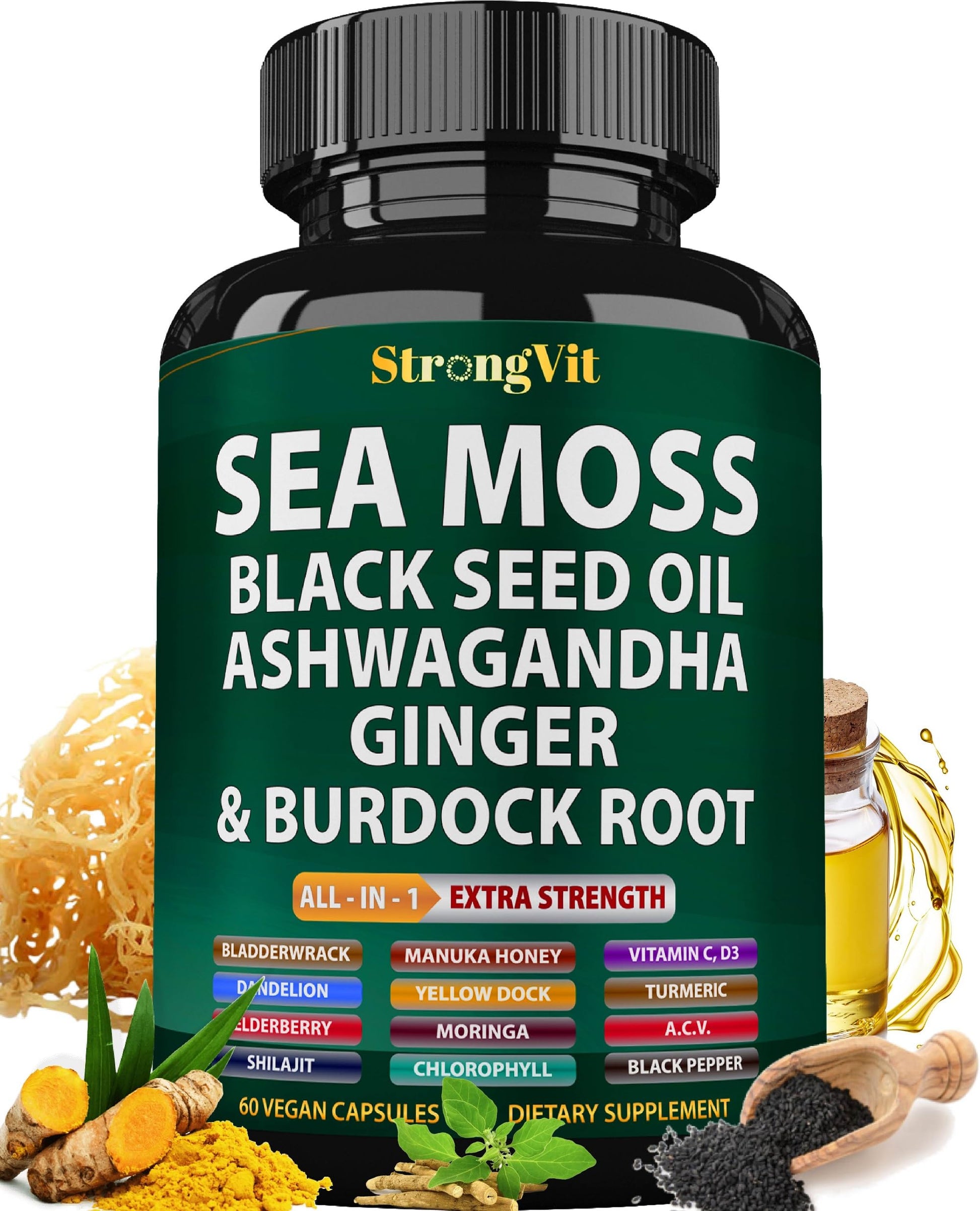 StrongVit Sea Moss Black Seed Oil Ashwagandha Ginger, Organic Sea Moss Capsules with Burdock Root, Irish Seamoss Pills with Bladderwrack, Advanced Multimineral Supplement, USA StrongVitBuy Supplements Australia
