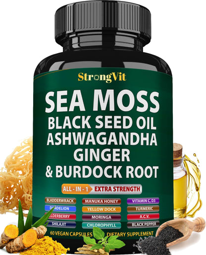 StrongVit Sea Moss Black Seed Oil Ashwagandha Ginger, Organic Sea Moss Capsules with Burdock Root, Irish Seamoss Pills with Bladderwrack, Advanced Multimineral Supplement, USA StrongVitBuy Supplements Australia