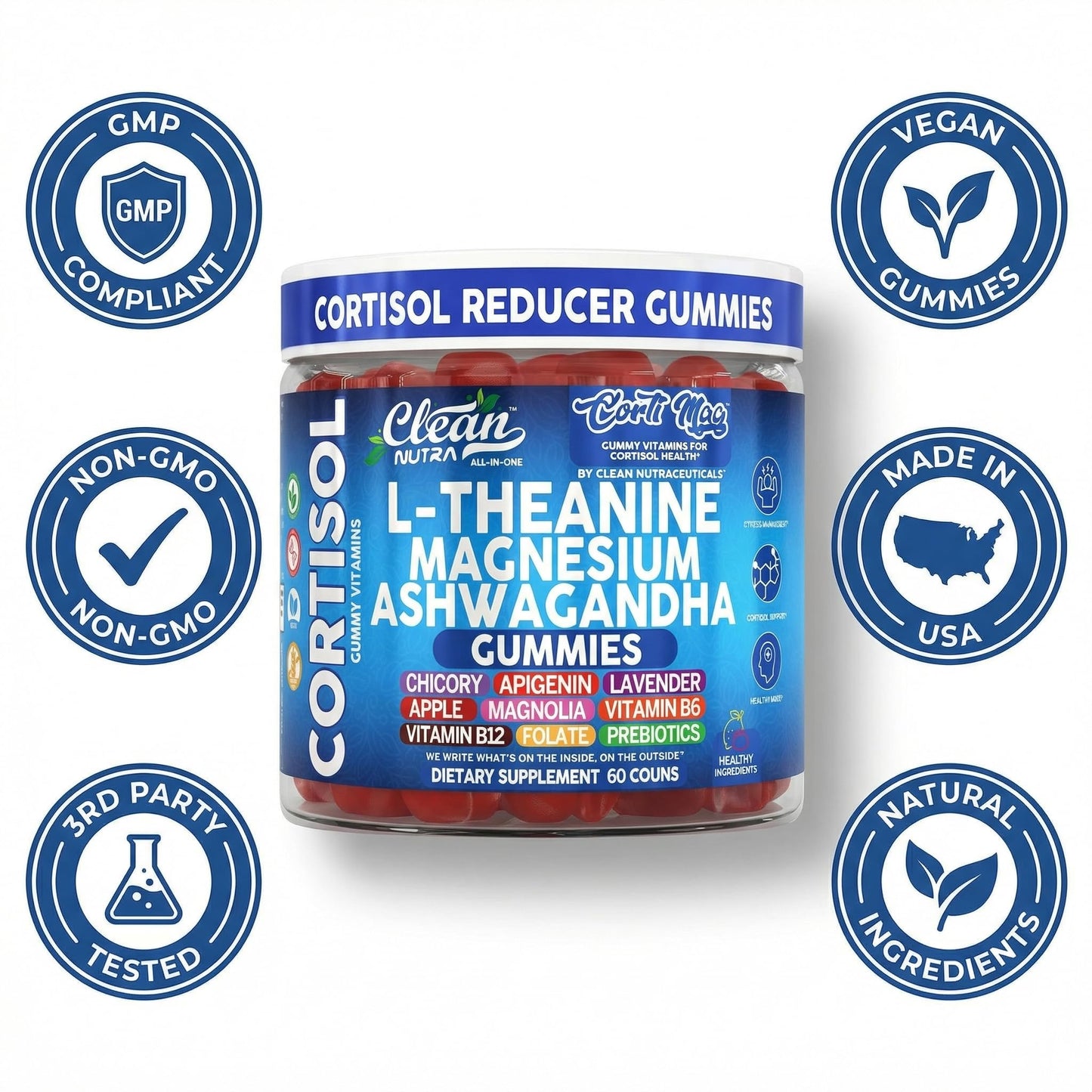 Clean Nutra Cortisol Supplement Gummies L-Theanine Magnesium Ashwagandha Apigenin Vitamin B6 Sleep and Calm Support Lavender Chicory Prebiotic Advanced Gummy Formula Clean NutraceuticalsBuy Supplements Australia