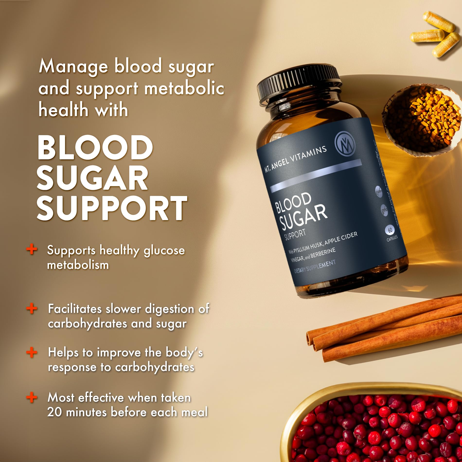 Mt. Angel Vitamins Blood Sugar Support Supplement - Natural Supplement with Pysllium Husk, Berberine with Ceylon Cinnamon, and Apple Cider Vinegar - Supports Healthy Blood Sugar Levels - 60 Capsules Mt. Angel VitaminsBuy Supplements Australia