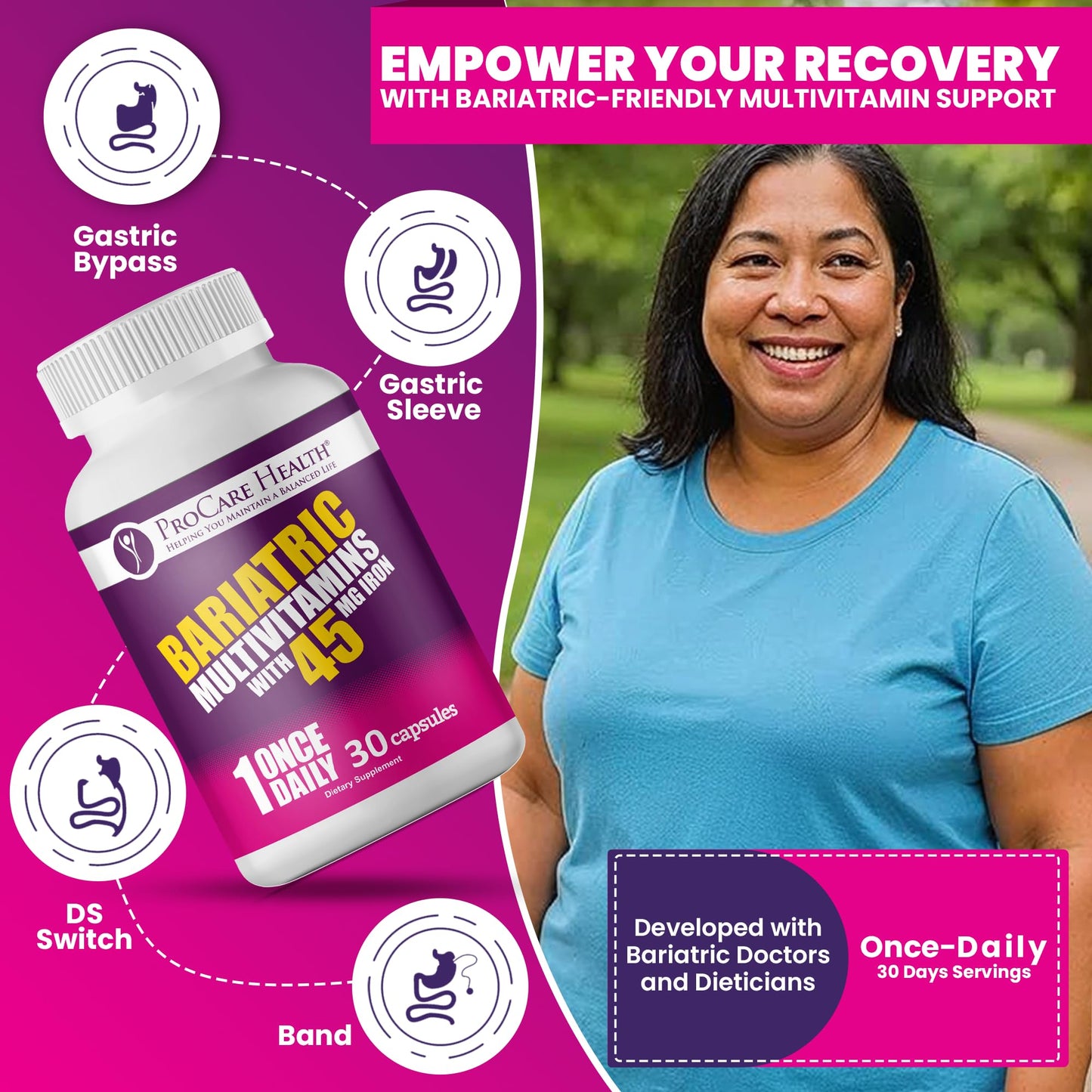 ProCare Health Bariatric Multivitamin with 45mg Iron (30 Easy to Swallow Capsules) - Once Daily Post-Op Support for Gastric Bypass ProCare HealthBuy Supplements Australia