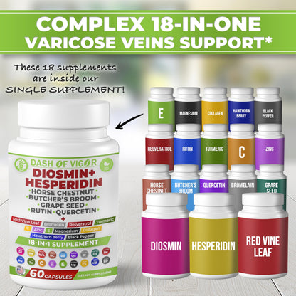 Dash of Vigor 18-in-1 Diosmin Hesperidin Supplement, Quercetin with Bromelain, Zinc, Vitamin C with Rutin Supplement, Horse Chestnut Extract, Butcher's Broom Extract, USA, 60 Capsules DASH OF VIGOR DOFVBuy Supplements Australia