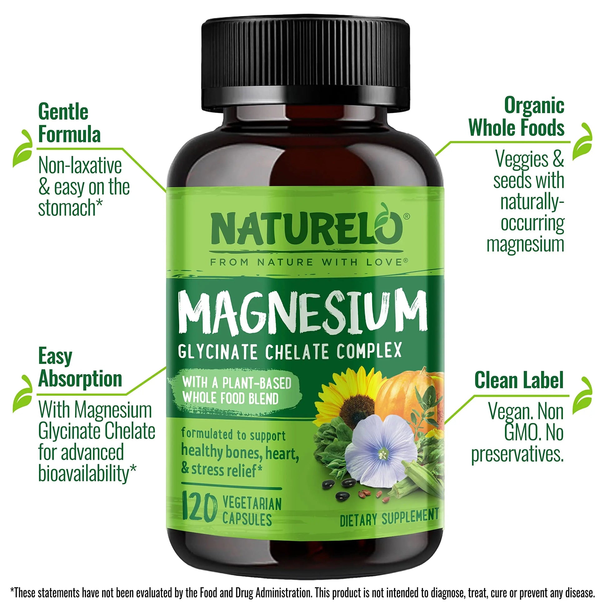 NATURELO One Daily Multivitamin for Men with Vitamins, Minerals & Organic Whole Foods - 60 Capsules and Magnesium Glycinate Chelate Complex NATURELO