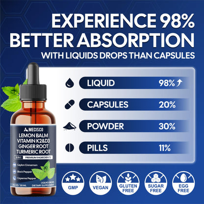 10in1 Lemon Balm Liquid Drops Blend Includes Vitamin D3, Vitamin K2, Lemon Balm, Ginger, Turmeric, Ceylon Cinnamon, Black Pepper, Cayenne Pepper, Berberine, Valerian Root - 1 FL Oz - 2 Month Supply MeciscoBuy Supplements Australia