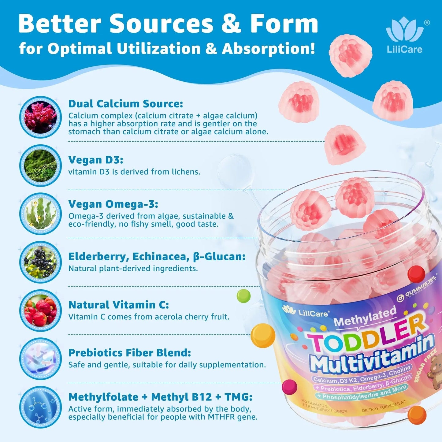 Toddler Multivitamin Gummies with Iron, Omega-3, ARA, Calcium, Prebiotic | Methylated Vitamins for Kids Ages 2+ | Overall Support | LILICAREBuy Supplements Australia