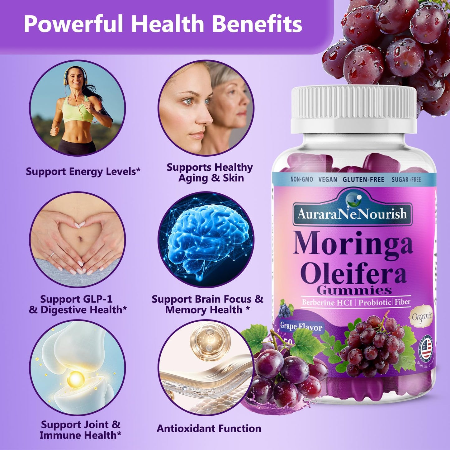 AuraraNeNourish Organic Moringa Oleifera Gummies for Women & Men, 8-in-1 Superfood Blend w. Berberine HCl & Moringa Leaf Extract for GLP-1 Support & Energy Immune Joint & Gut Health Sugar-Free AuraraNeNourishBuy Supplements Australia