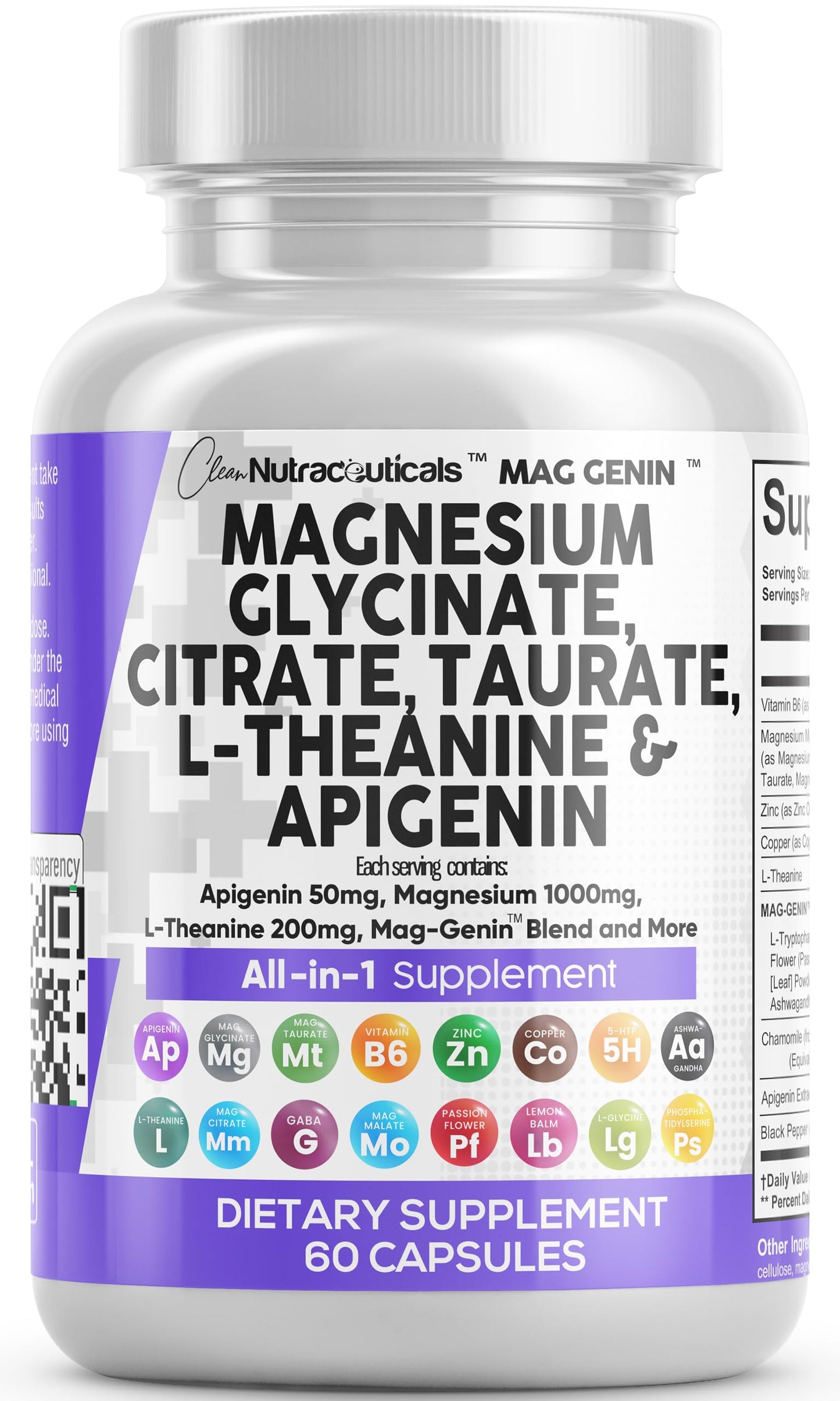 Clean Nutraceuticals Magnesium Glycinate Complex 1000mg with L-Theanine 200mg Apigenin 50mg Citrate Taurate Supplement - 5-HTP GABA Passion Flower Lemon Balm L-Glycine Phosphatidylserine - 60 Count Clean NutraceuticalsBuy Supplements Australia