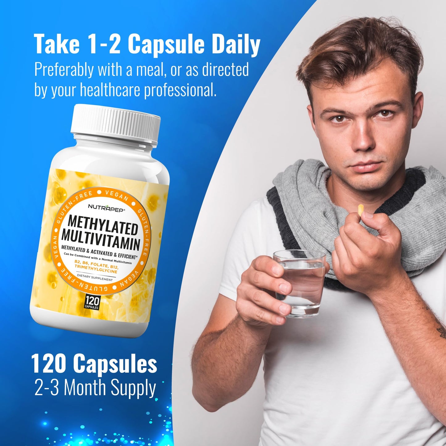 NutraPep Methylated Multivitamin for Men Women - 5-MTHF Riboflavin Vitamin B2 B6 B12 B Complex Trimethylglycine Methyl Folate L Methylfolate Capsules Supplement NutraPepBuy Supplements Australia