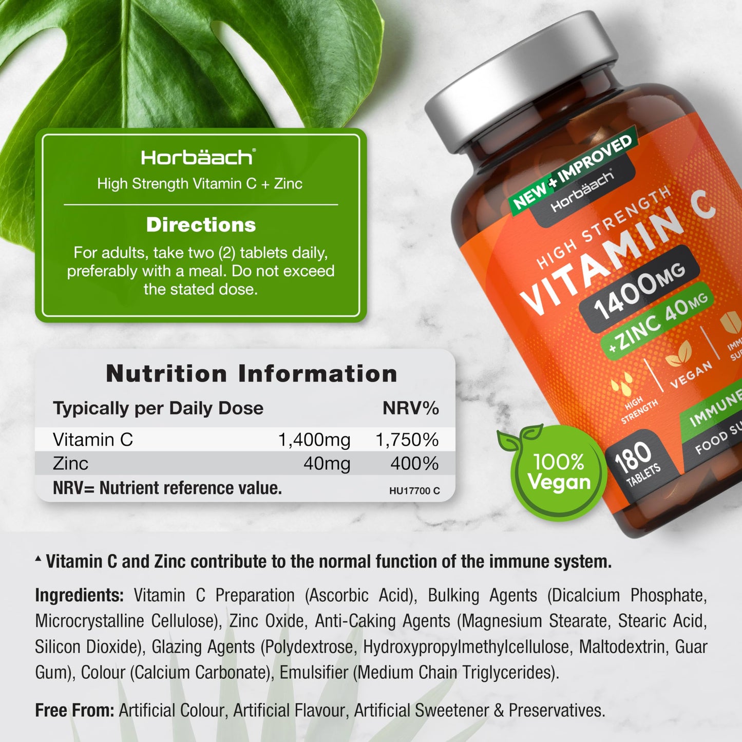 Vitamin C and Zinc | 180 Vegan Tablets | High Strength Vitamin C 1400mg and Zinc 40mg HorbäachBuy Supplements Australia