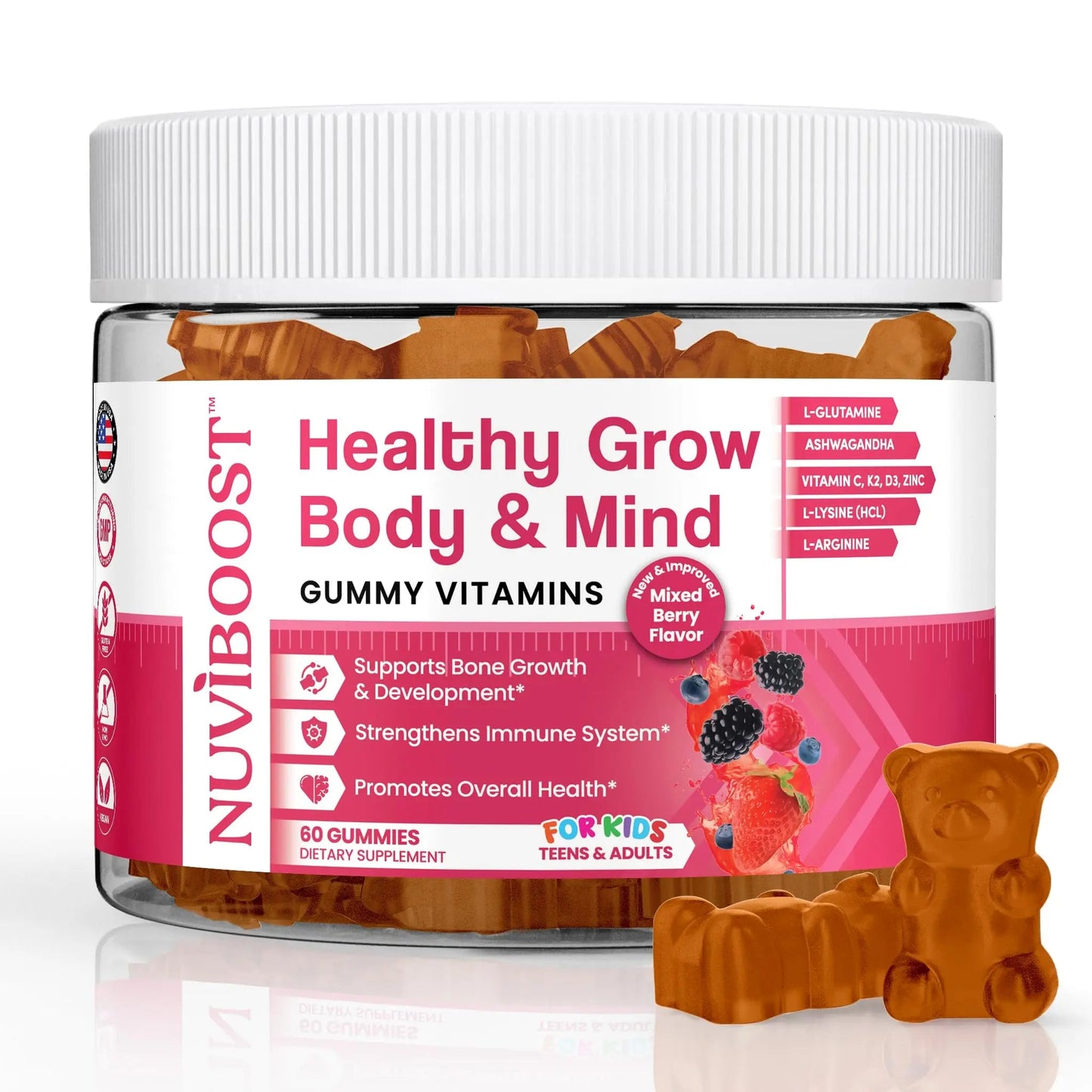 NUVIBOOST Healthy Grow Height Growth Gummies Rich in Calcium, Vitamins C, D3, K2, L-Arginine, Ashwagandha, and Others NUVIBOOST
