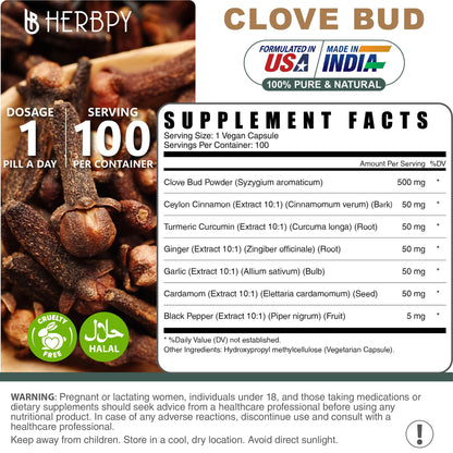 Herbpy 7in1 Clove Supplement Rich in Vitamins & Minerals Supports Digestion, Immune & Heart Health with Cinnamon, Turmeric, Ginger, Cardamom, Garlic & Black Pepper - 100 Vegan Capsules HerbpyBuy Supplements Australia