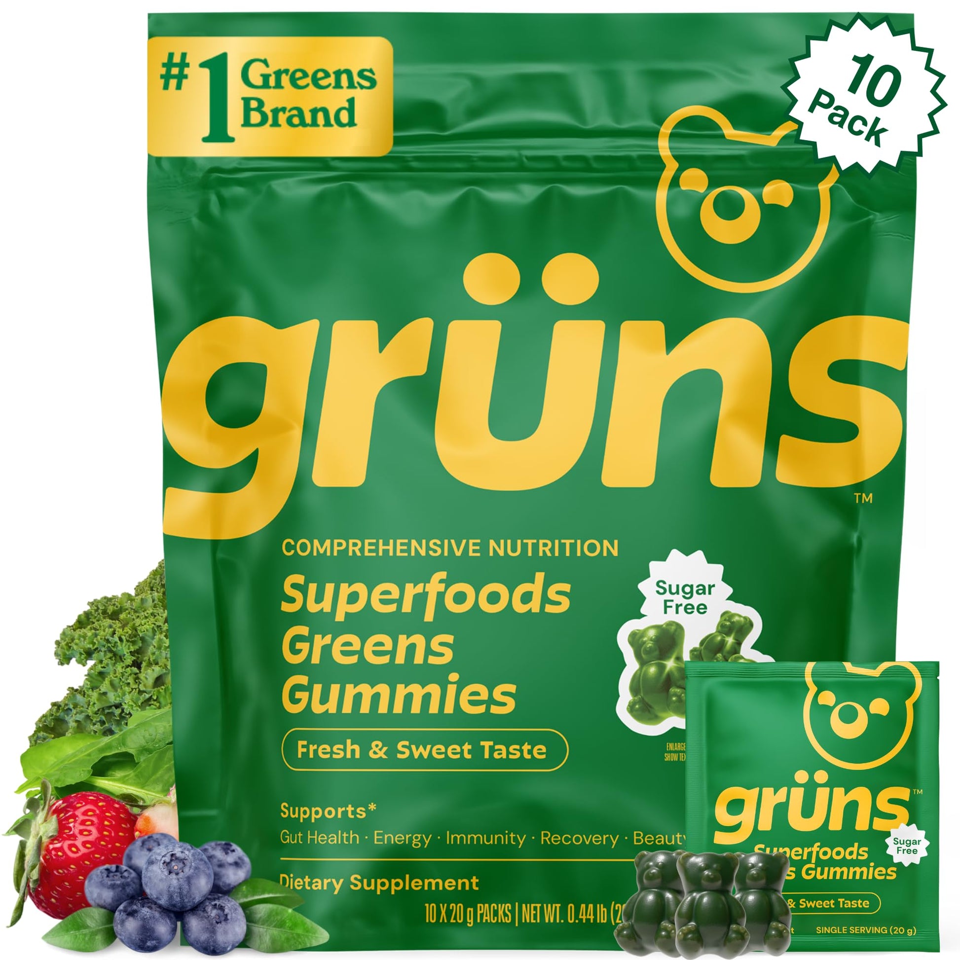 Gruns Sugar-Free Super Greens Gummies, Multivitamin Superfood Gummy Bears, Spirulina, Chlorella, Prebiotics & Fiber gummies for Digestive Health, Adaptogens Supplement, 20 Vitamins & Minerals, 10 pack GrünsBuy Supplements Australia