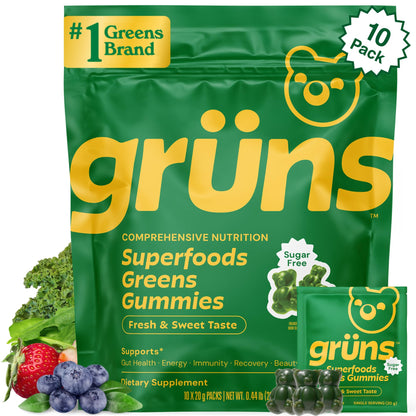 Gruns Sugar-Free Super Greens Gummies, Multivitamin Superfood Gummy Bears, Spirulina, Chlorella, Prebiotics & Fiber gummies for Digestive Health, Adaptogens Supplement, 20 Vitamins & Minerals, 10 pack GrünsBuy Supplements Australia