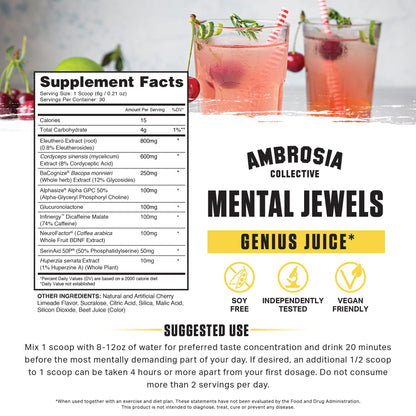 Ambrosia Mental Jewels Nootropic Brain Supplement Powder | Alpha GPC, Bacopa & Phosphatidylserine | Memory, Focus & Concentration Support | 30 Servings | Cherry Limeade AmbrosiaBuy Supplements Australia