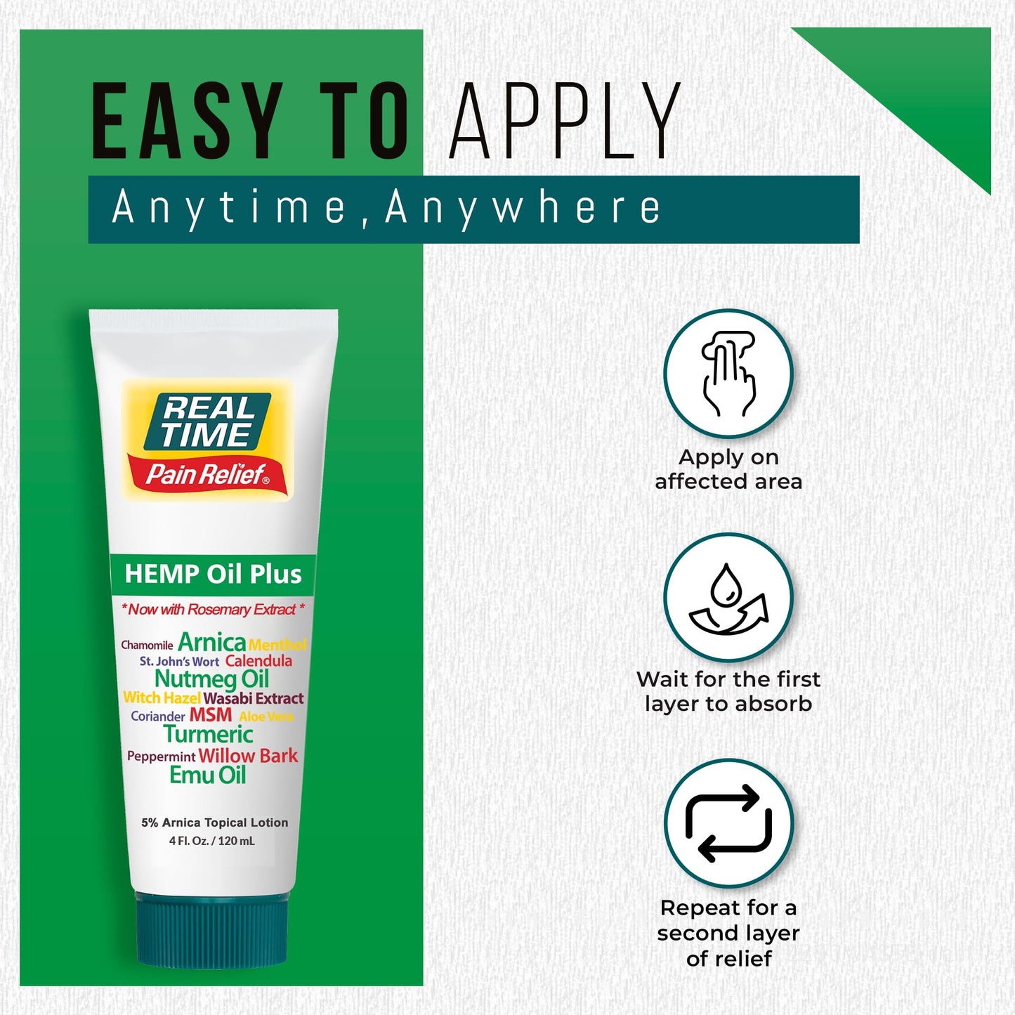Real Time Pain Relief Hemp Oil Plus 4oz Tube | 20 Natural Ingredients: 5% Arnica & Turmeric | Fast Absorbing Lotion for Muscles, Hands, Feet, Ankles, Back, Shoulders, Knees & Joints Discomfort Real Time Pain ReliefBuy Supplements Australia